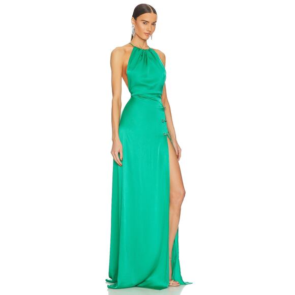Revolve Sau Lee Porter Backless Gown Halter Slit Maxi Dress Jade Green Size 0 US - Picture 2 of 15